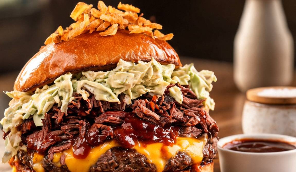BBQ Brisket Burger with Cheddar and Crispy Onions