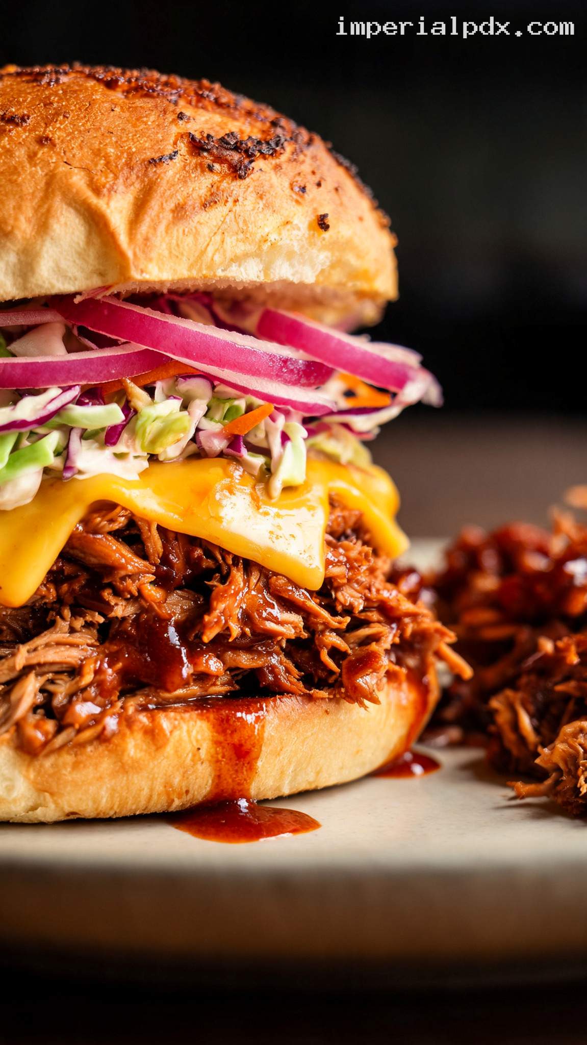 BBQ Pulled Pork Burgers With Smoked Cheddar – Closeup