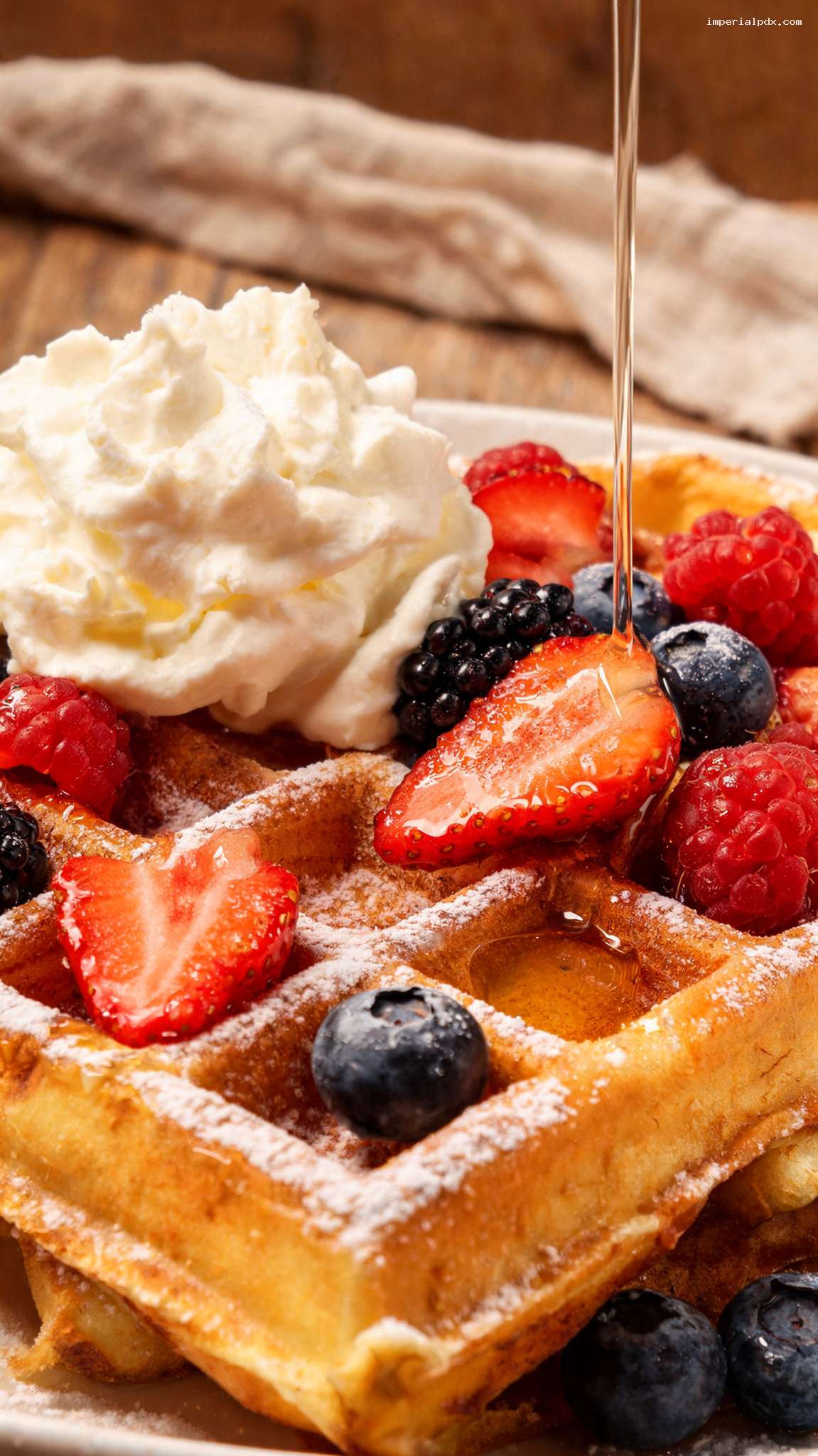 Belgian Waffles with Berries and Whipped Cream – Closeup