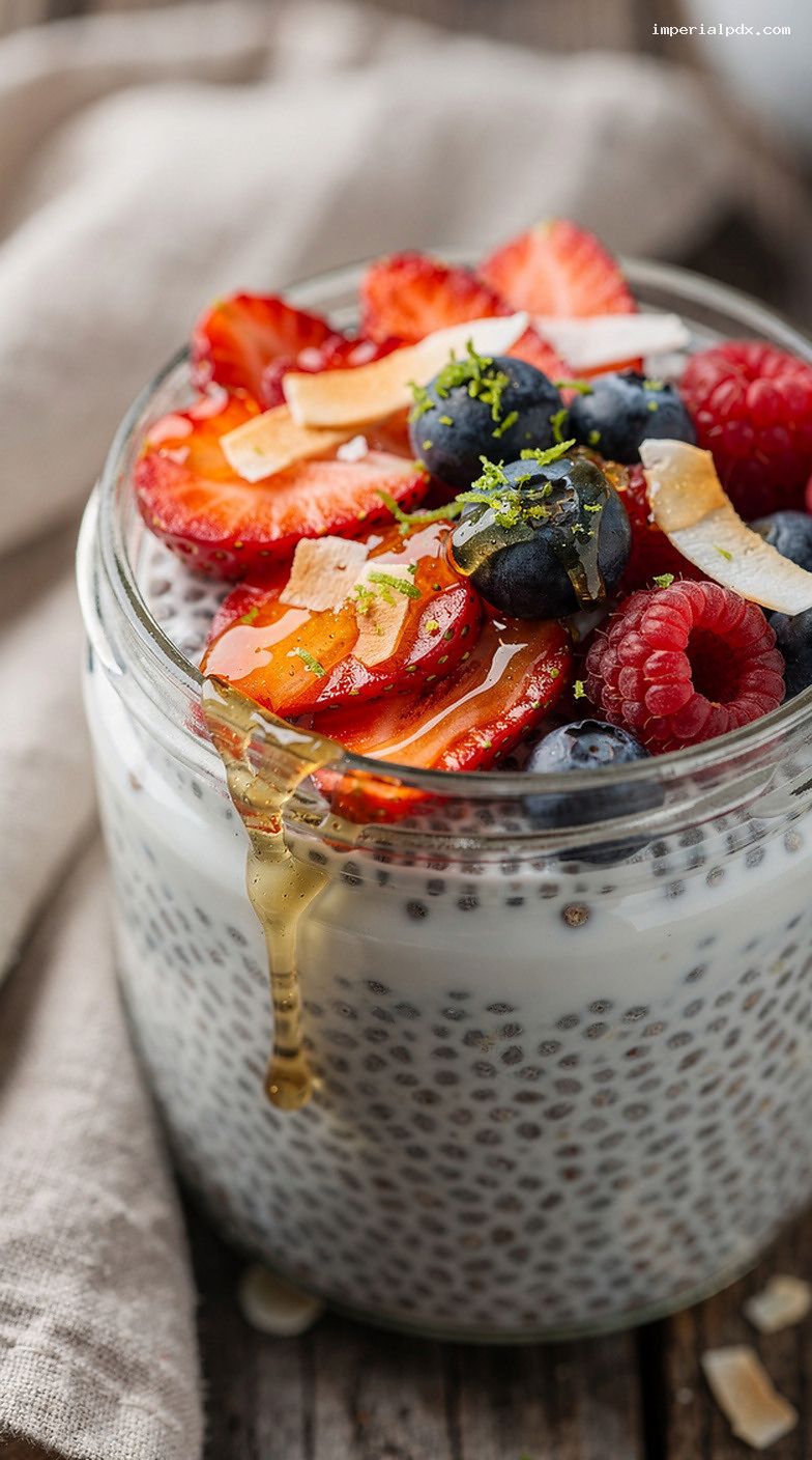 Berry Coconut Chia Pudding With Honey – Closeup