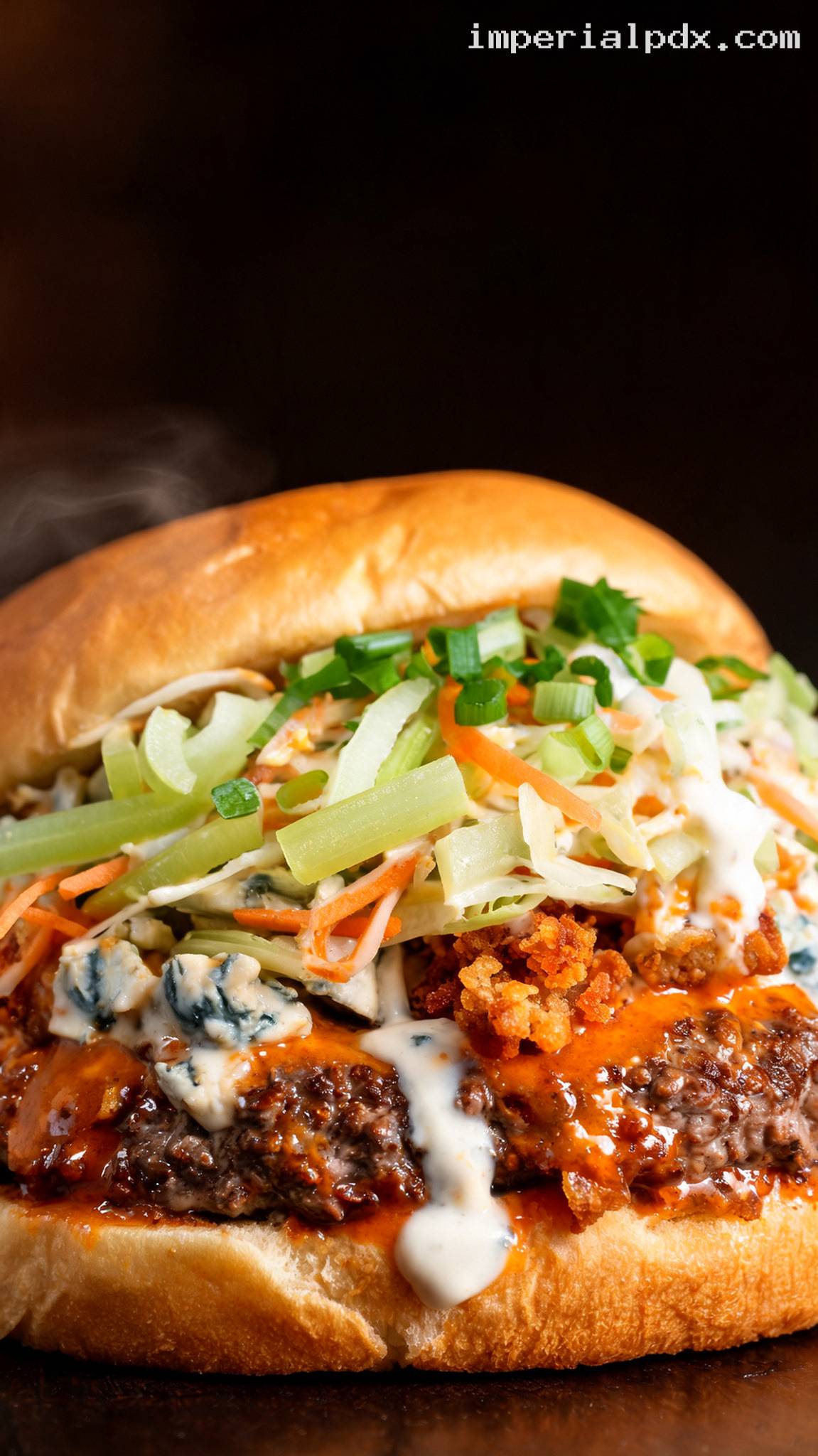 Blue Cheese Buffalo Burgers With Crispy Chicken Skin – Closeup