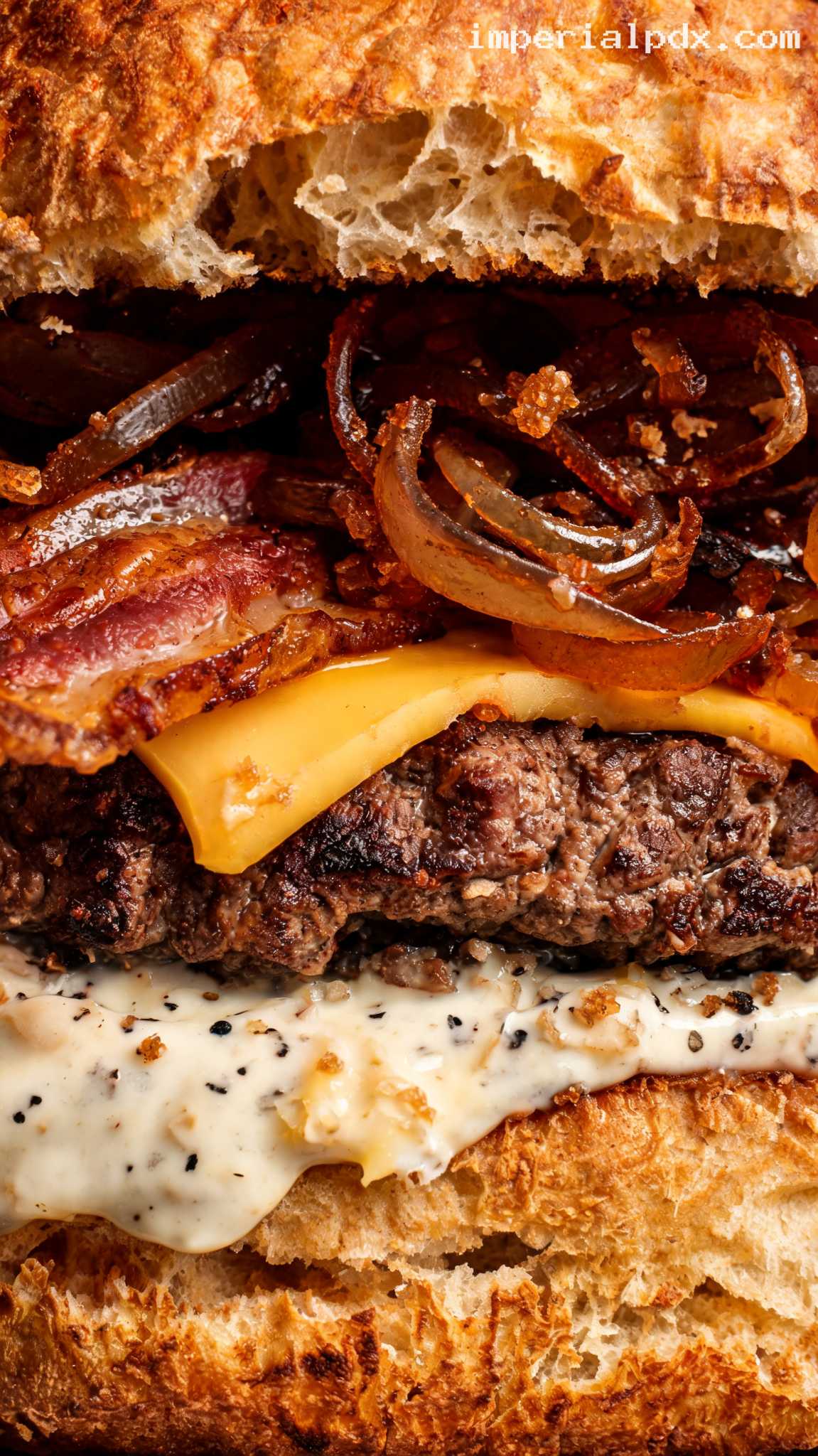 Bourbon Onion Bacon Cheddar Burger – Closeup