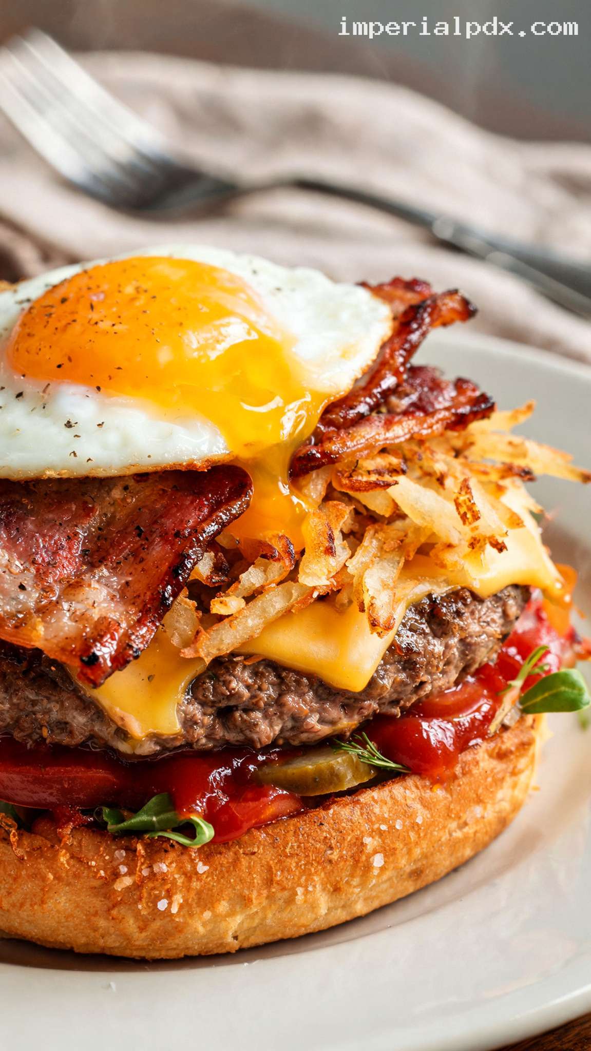 Breakfast Brunch Burger With Maple Bacon And Fried Egg – Closeup