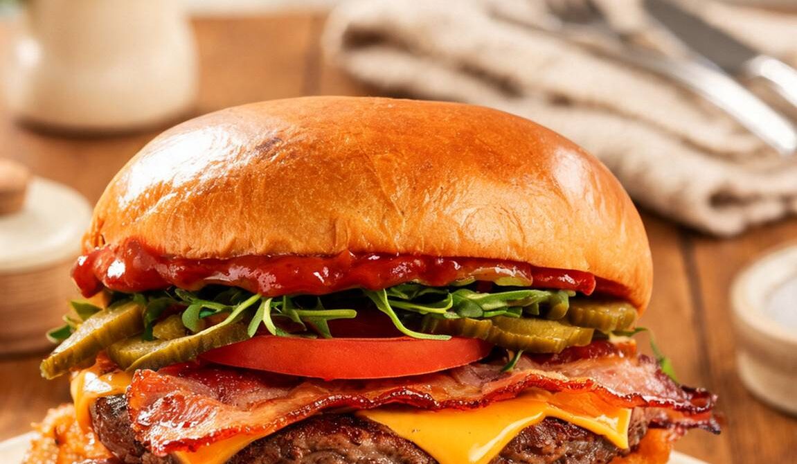 Breakfast Brunch Burger With Maple Bacon And Fried Egg