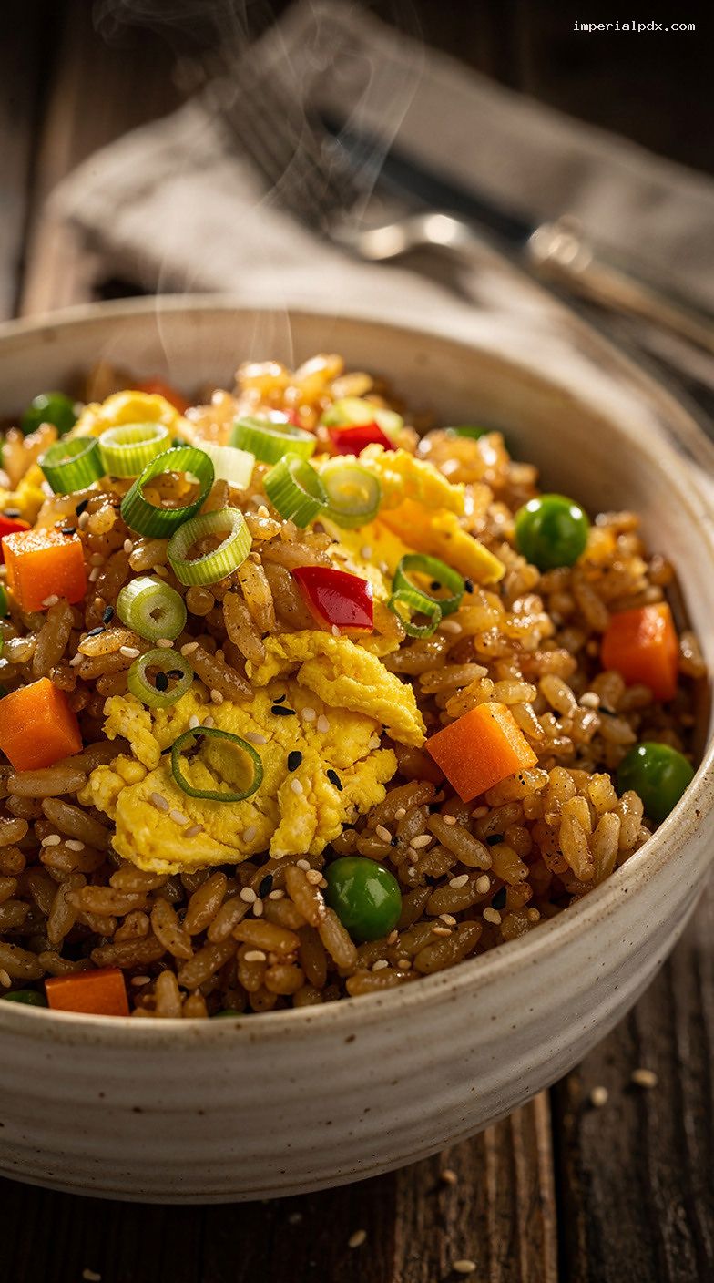 Breakfast Fried Rice With Egg and Scallions – Closeup