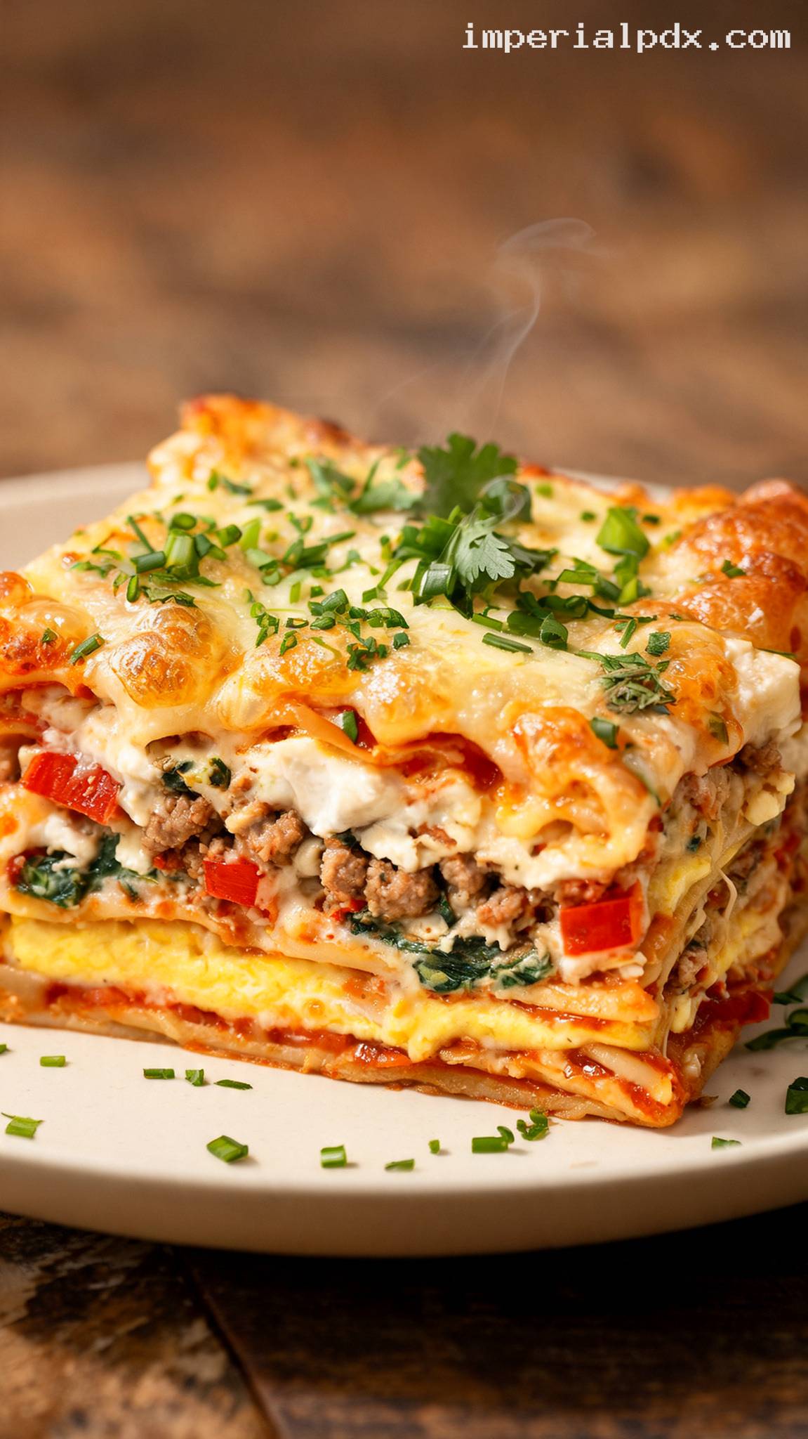 Breakfast Lasagna With Sausage, Eggs, and Cheese – Closeup