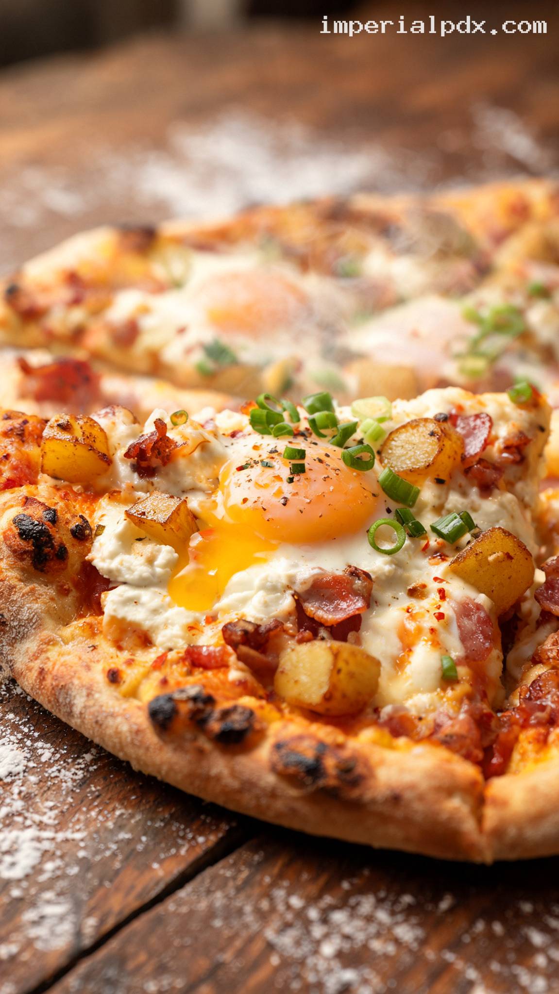 Breakfast Pizza with Eggs and Bacon – Closeup