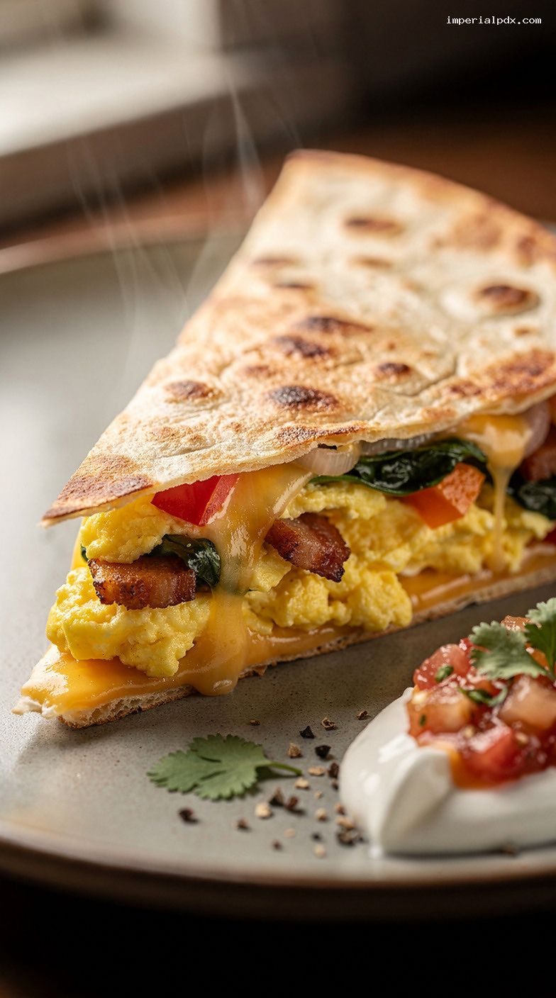 Breakfast Quesadilla with Eggs and Melted Cheese – Closeup