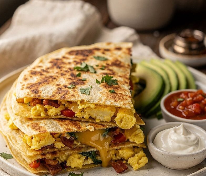 Breakfast Quesadilla with Eggs and Melted Cheese