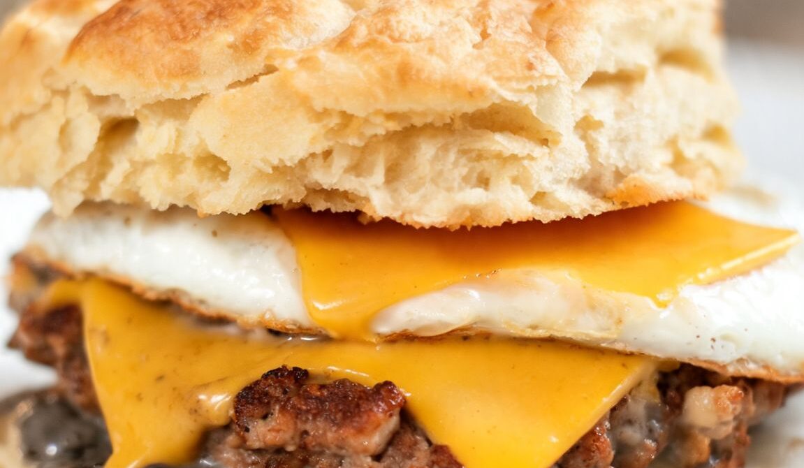 Breakfast Sausage Egg and Cheddar Biscuit Burger