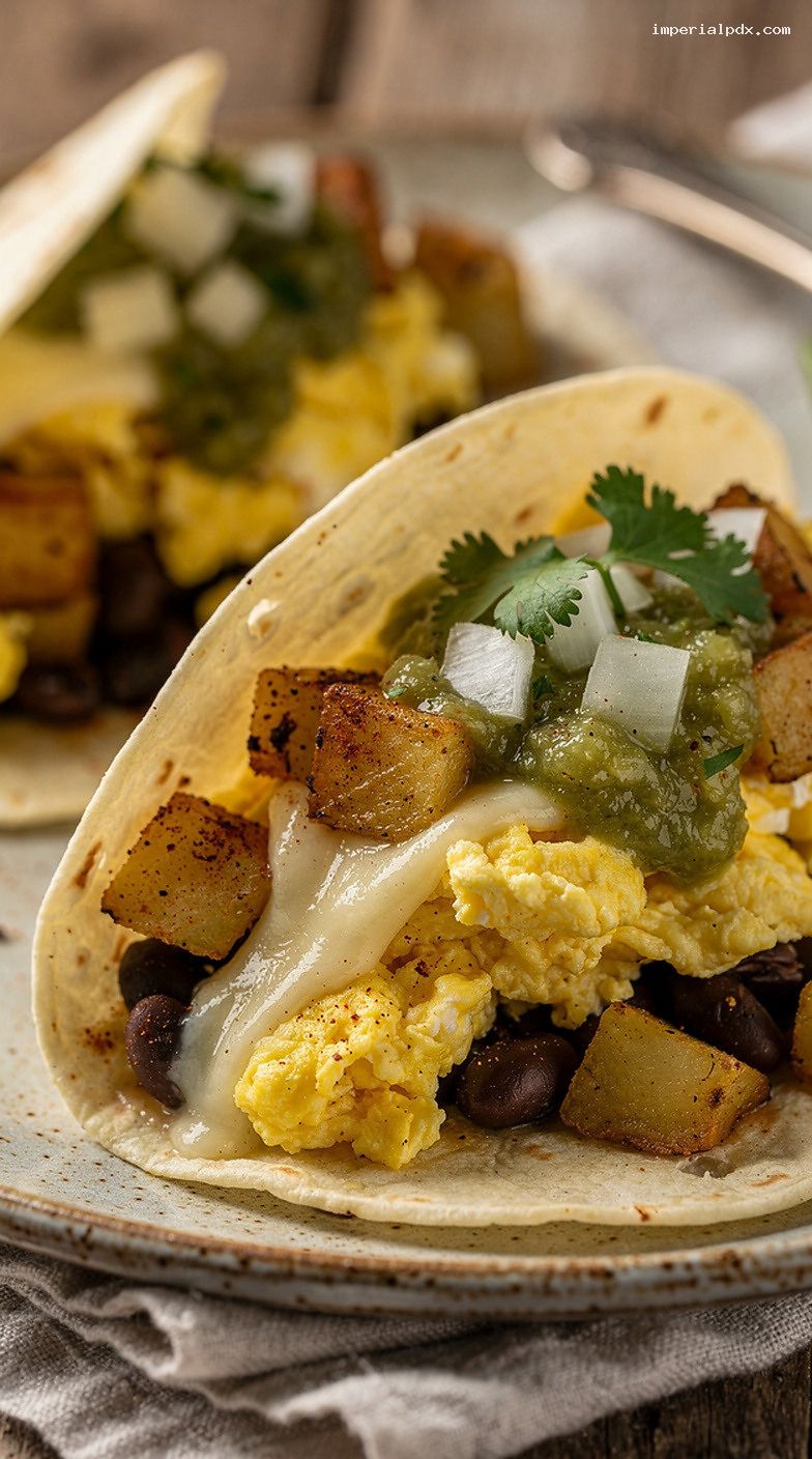 Breakfast Tacos with Scrambled Eggs and Salsa Verde – Closeup