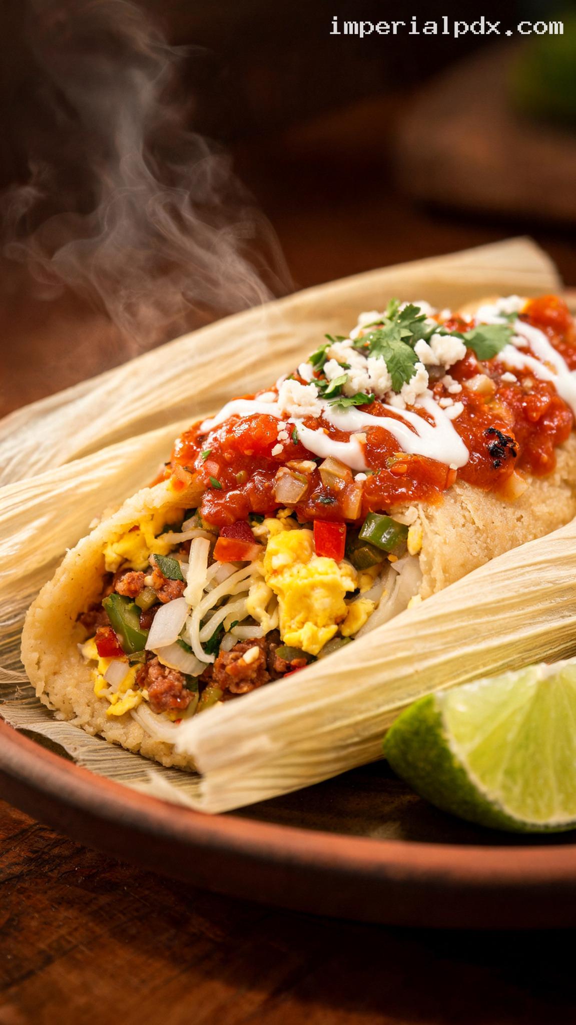 Breakfast Tamales With Salsa and Crema – Closeup