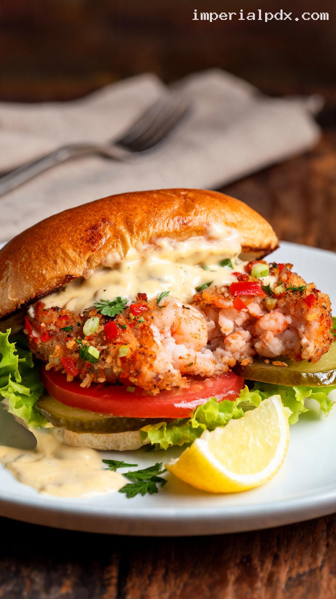Cajun Shrimp Burgers With Remoulade – Closeup