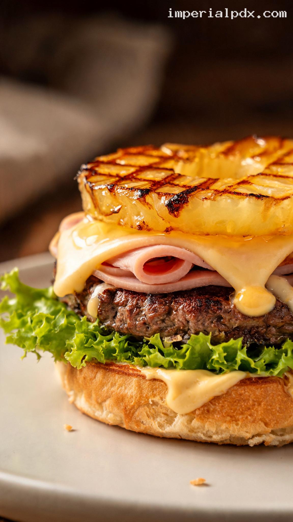Caramelized Pineapple Ham Burger With Swiss And Honey Mustard – Closeup