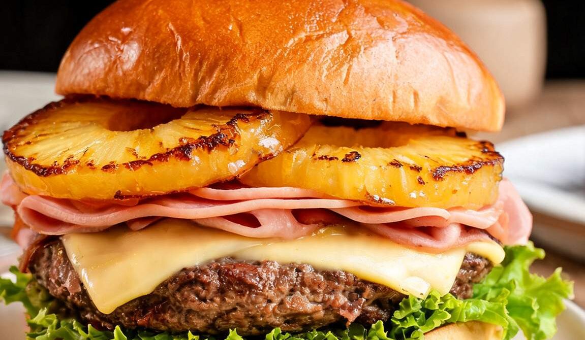 Caramelized Pineapple Ham Burger With Swiss And Honey Mustard