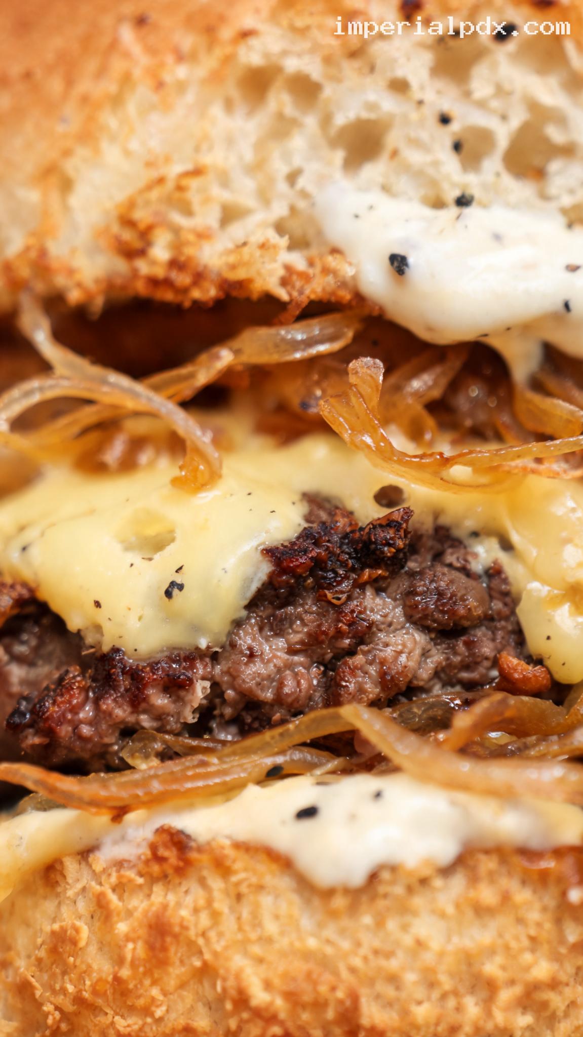 Caramelized Shallot and Gruyère Burger – Closeup