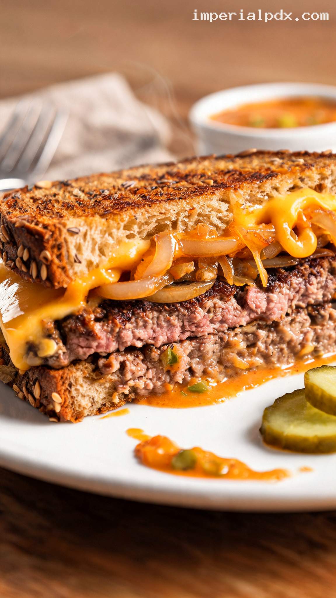 Cheeseburger Patty Melt With Grilled Onions – Closeup