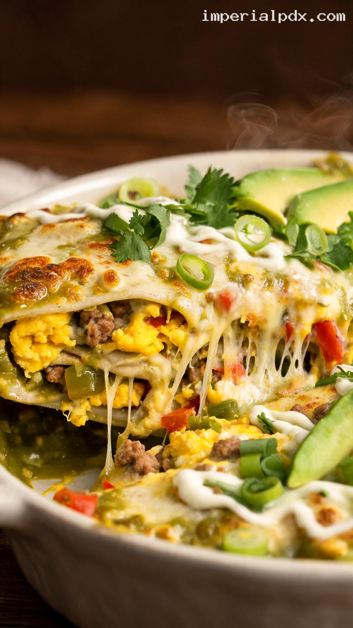 Cheesy Sausage Breakfast Enchilada Casserole – Closeup