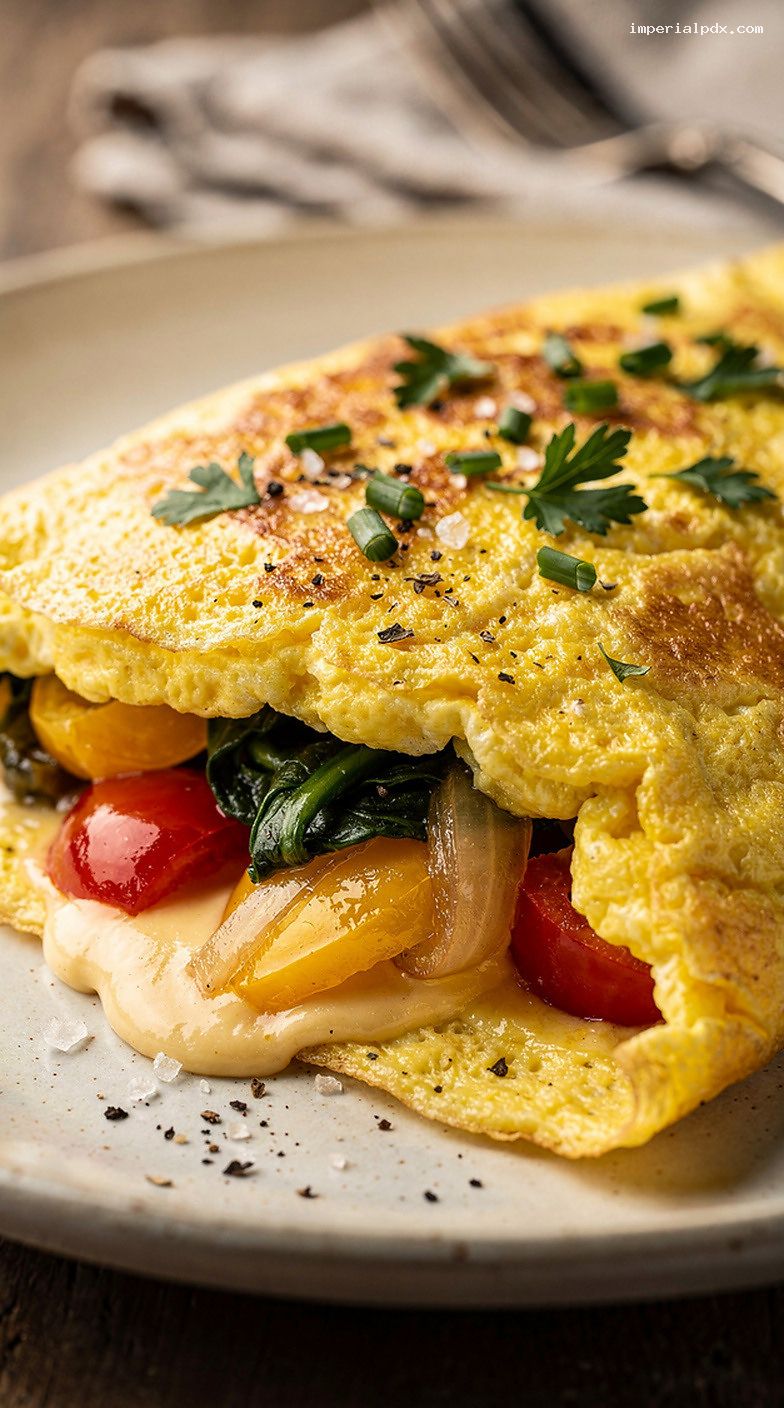 Cheesy Vegetable Omelet with Fresh Herbs – Closeup