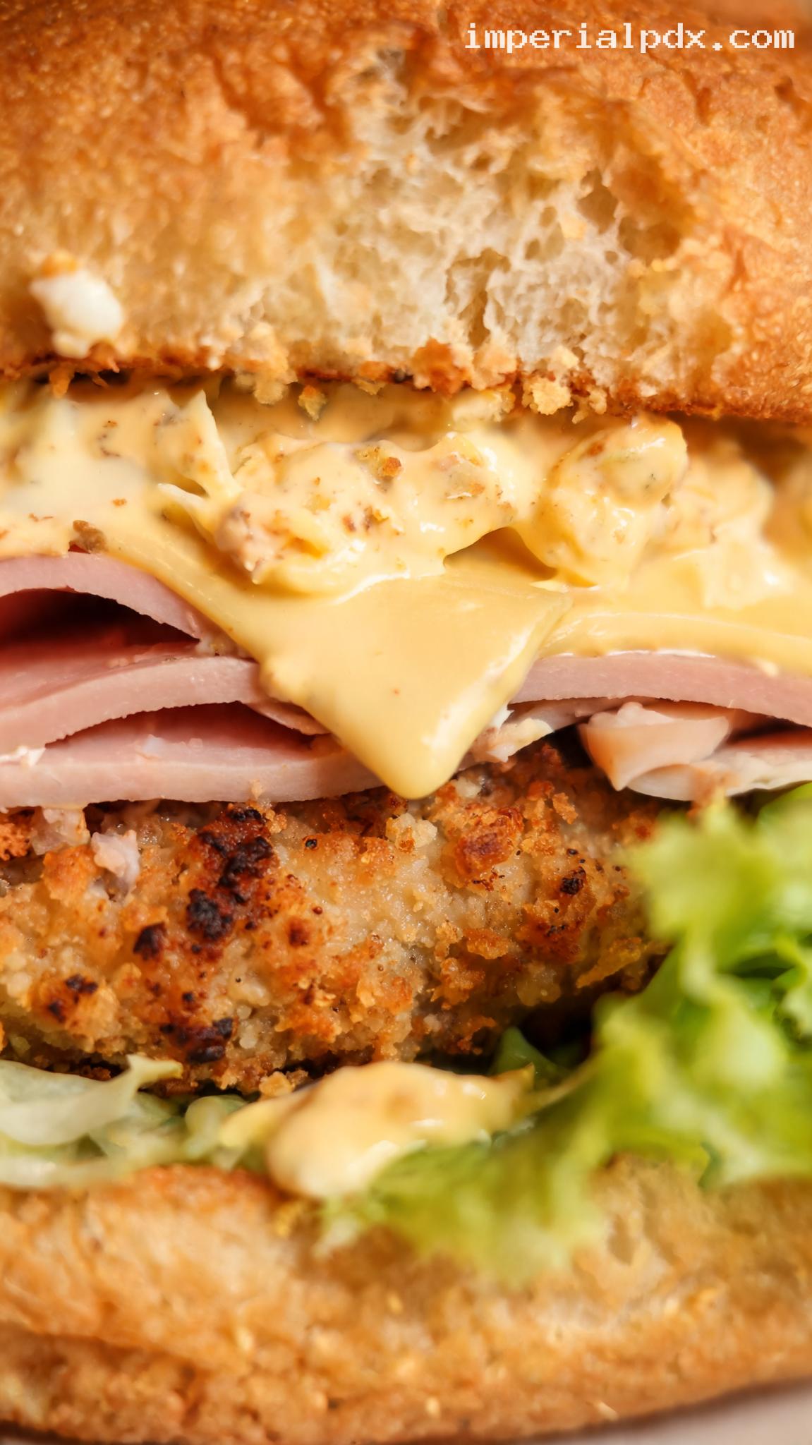 Chicken Cordon Bleu Burger With Creamy Mustard Sauce – Closeup