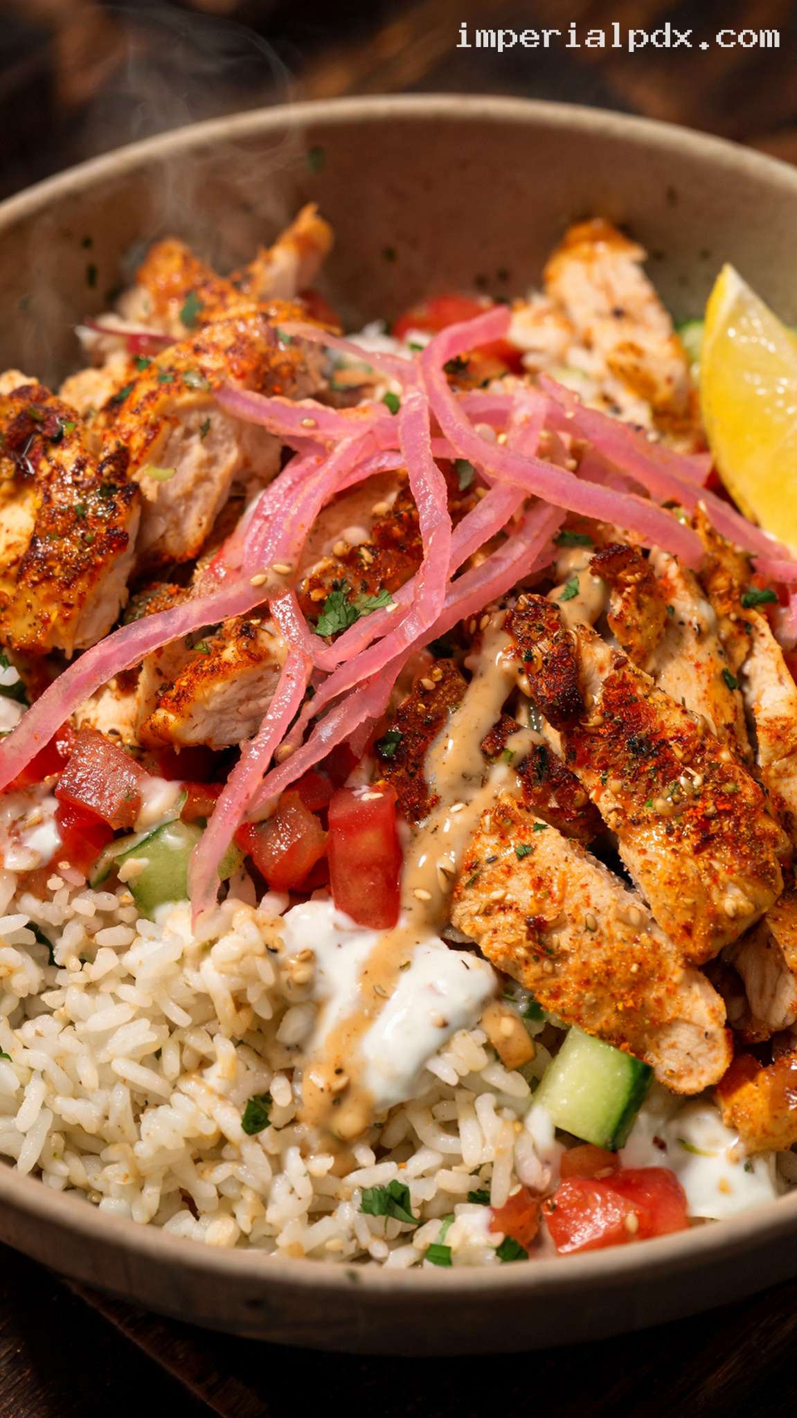 Chicken Shawarma Rice Bowls With Tahini Garlic Sauce – Closeup