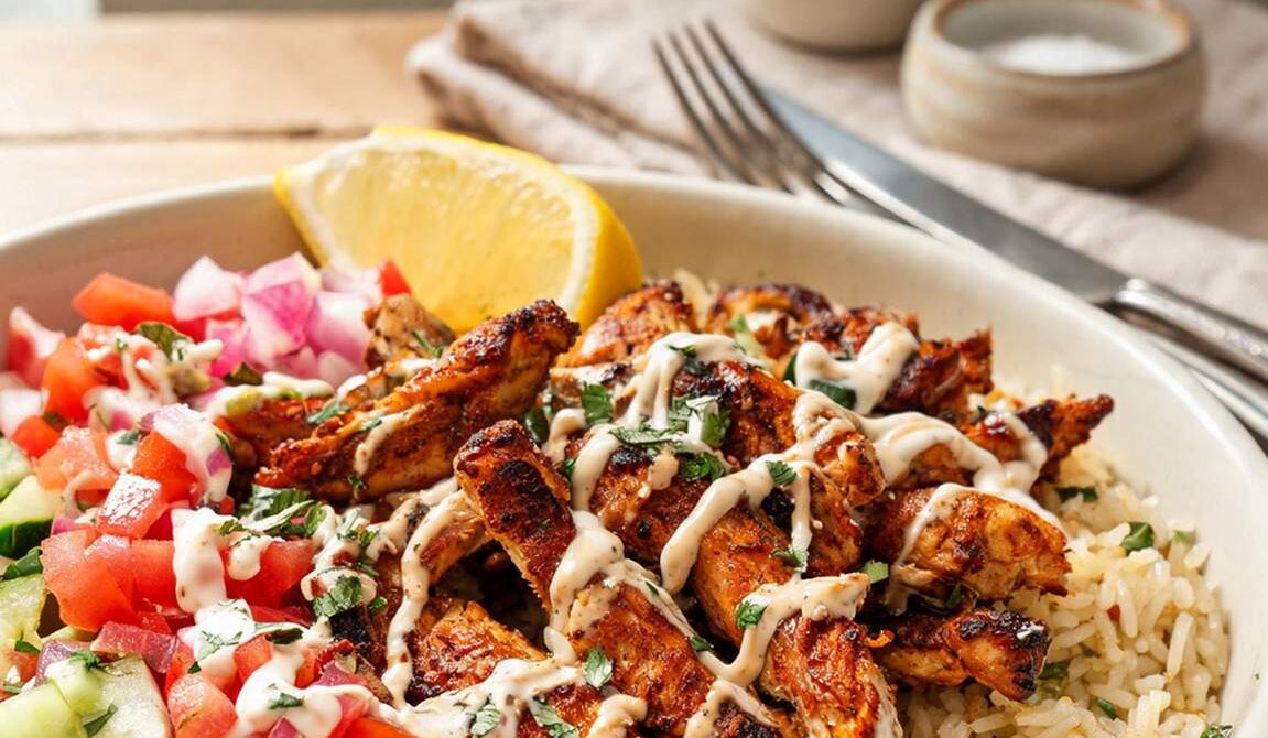 Chicken Shawarma Rice Bowls With Tahini Garlic Sauce