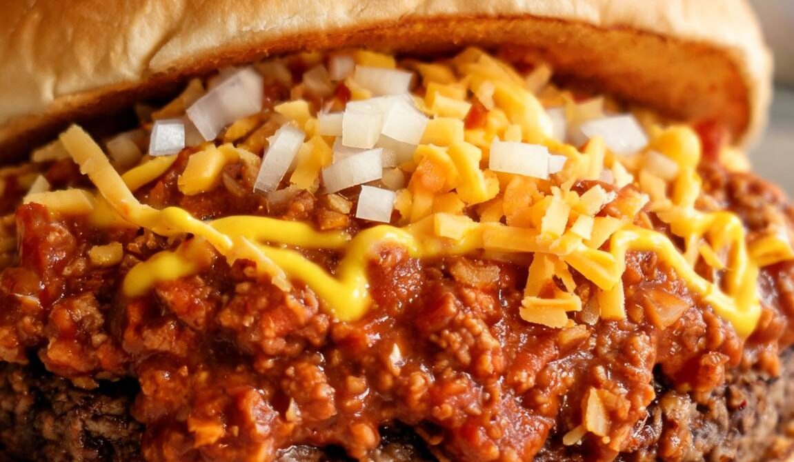Chili Dog Burger With Cheddar and Onions