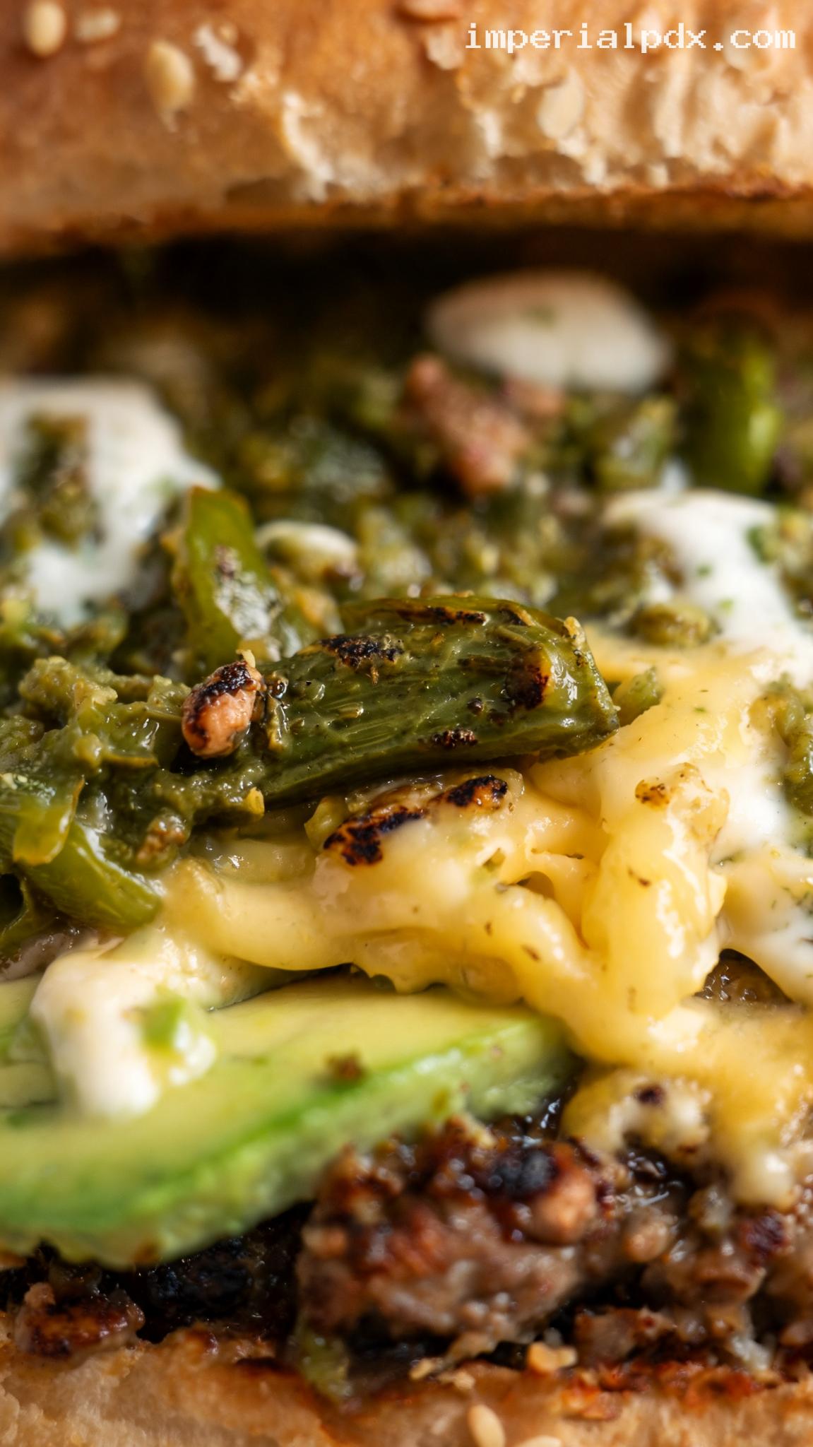 Chili Verde Burger with Avocado and Lime Crema – Closeup