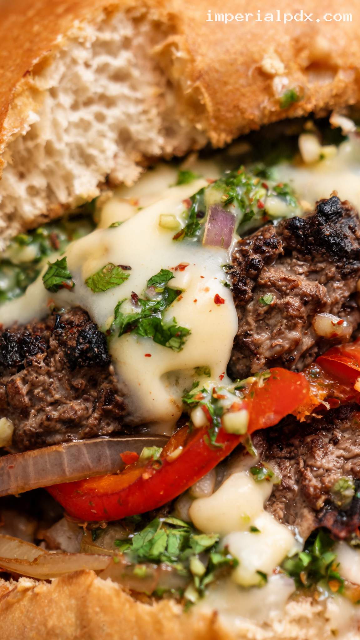 Chimichurri Steak Burgers With Roasted Peppers and Provolone – Closeup