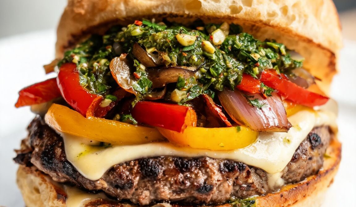 Chimichurri Steak Burgers With Roasted Peppers and Provolone