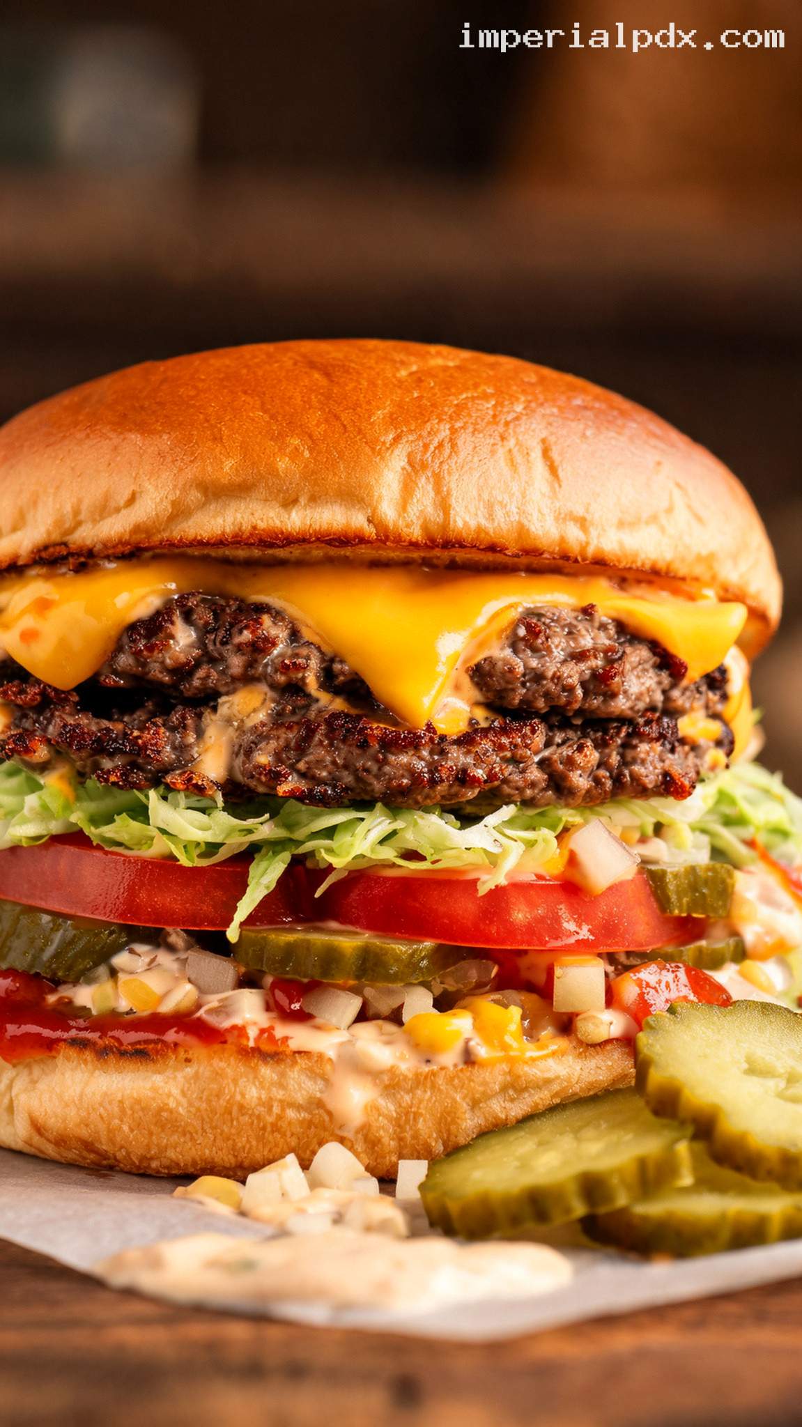 Classic American Double Smashed Cheeseburger – Closeup