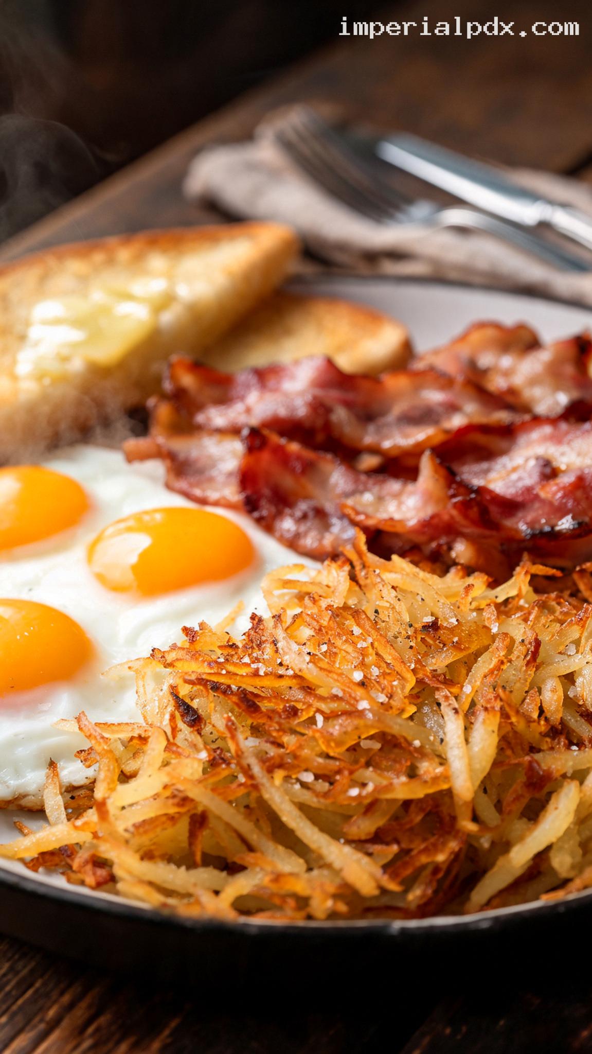 Classic Diner Breakfast Platter With Eggs and Hash Browns – Closeup
