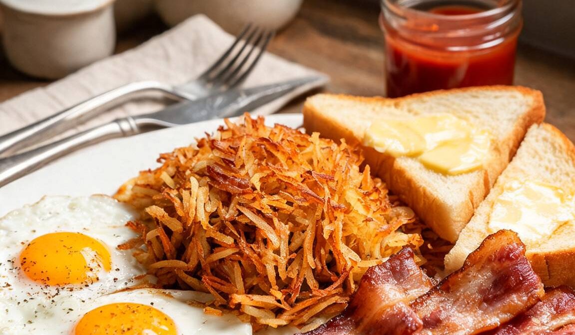 Classic Diner Breakfast Platter With Eggs and Hash Browns