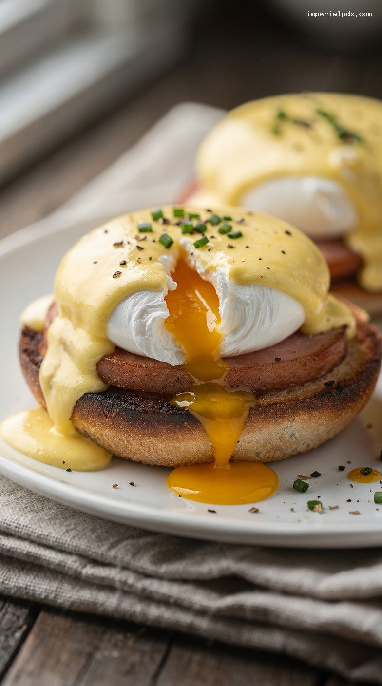 Classic Eggs Benedict With Hollandaise Sauce – Closeup