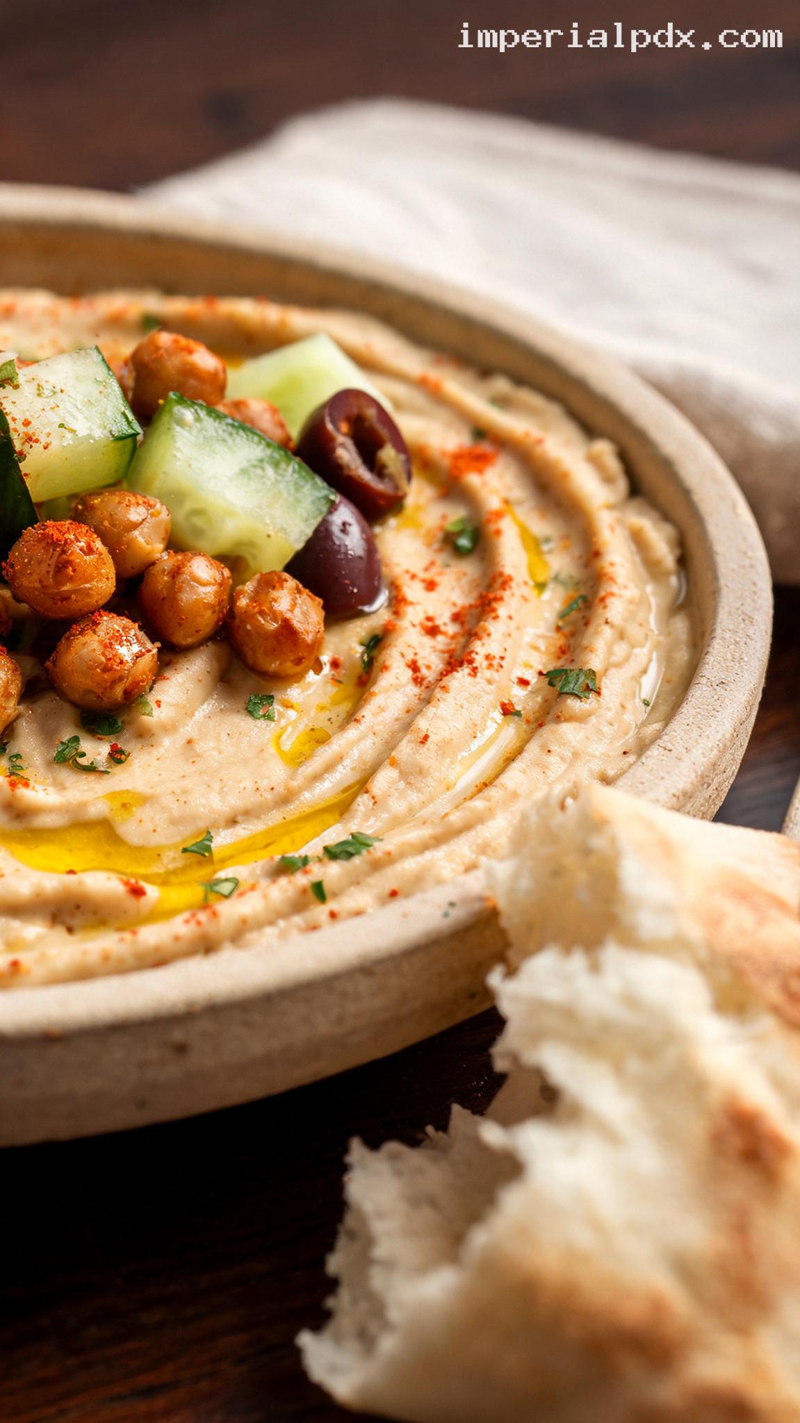 Classic Hummus Mezze Bowl With Crispy Chickpeas – Closeup