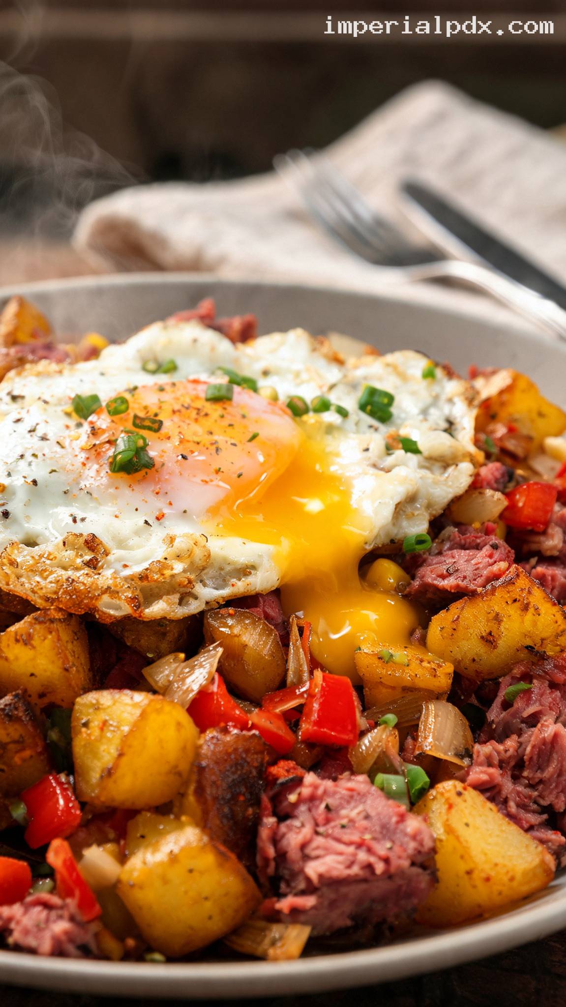 Corned Beef Hash with Fried Eggs – Closeup