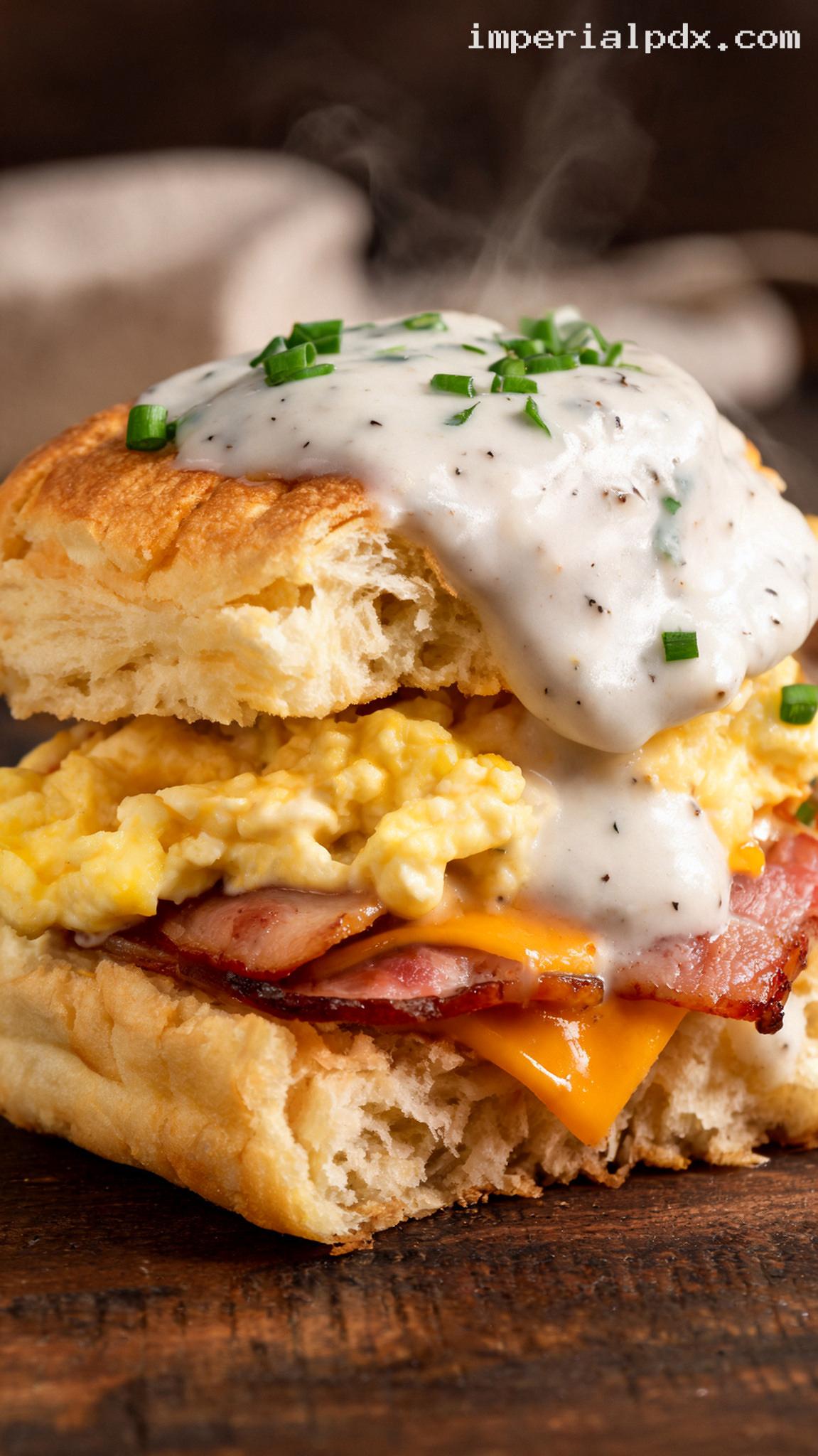 Country Ham and Egg Biscuit Sandwiches – Closeup