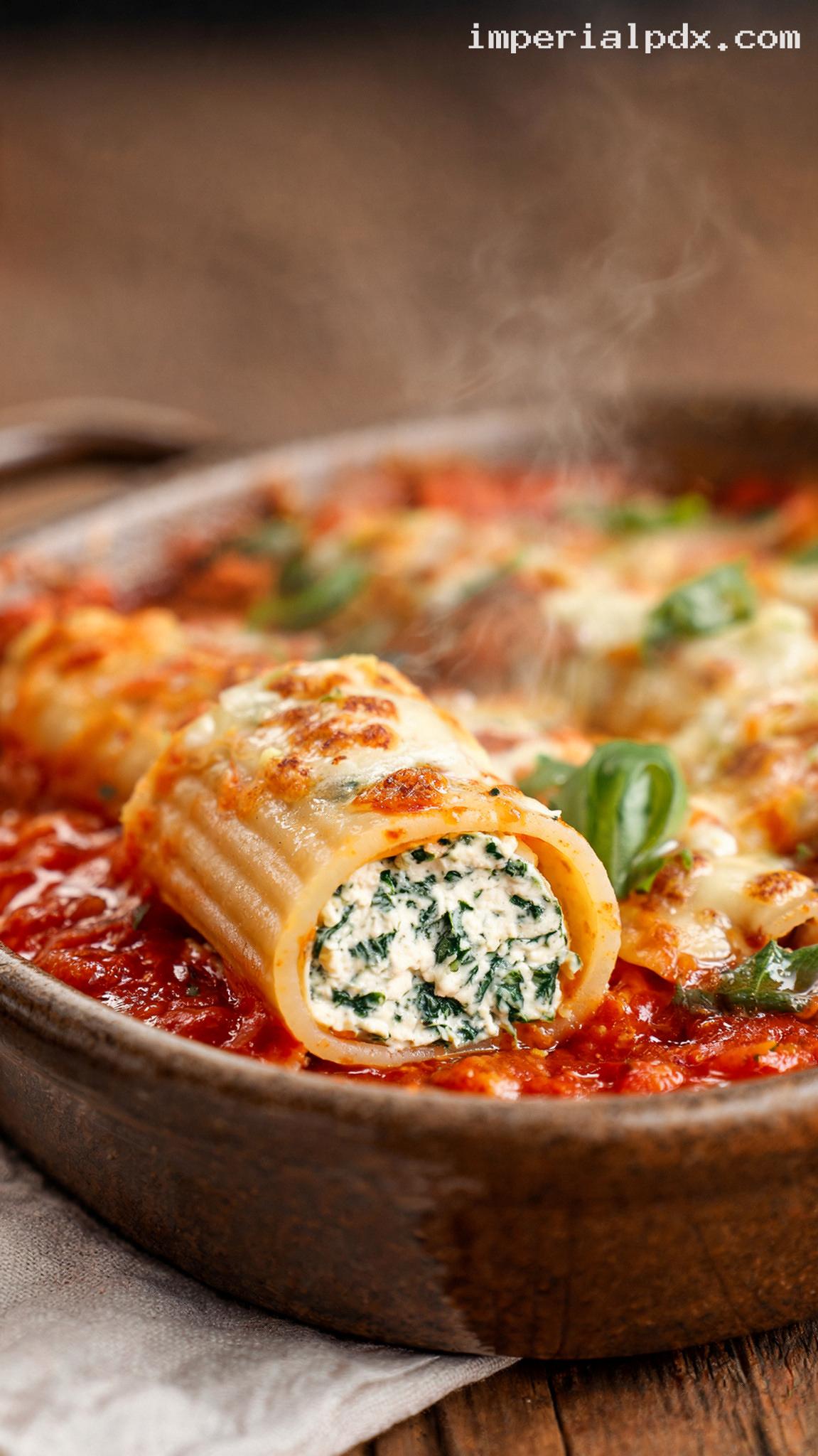 Creamy Spinach and Ricotta Cannelloni Bake – Closeup