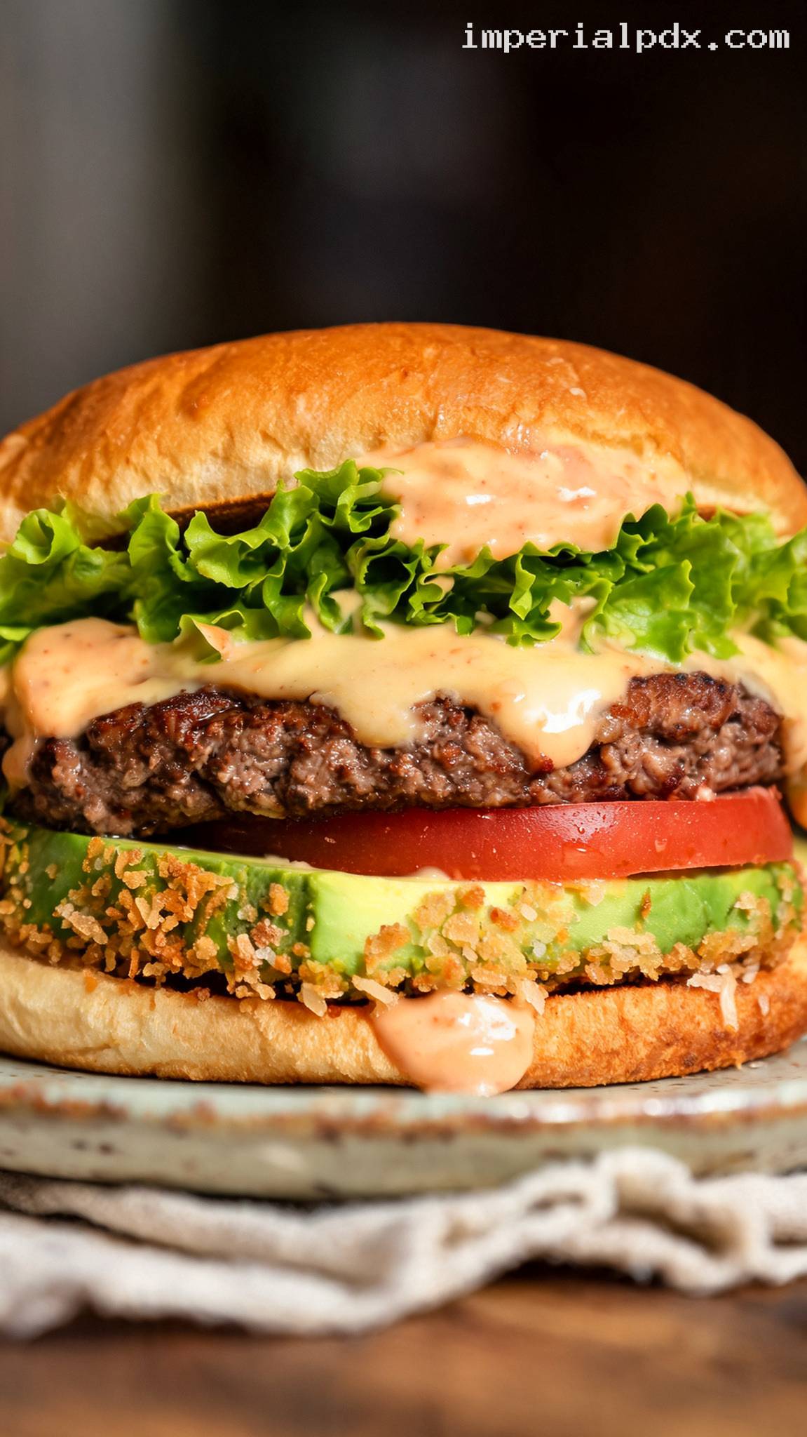 Crispy Avocado Burger With Chipotle Mayo – Closeup