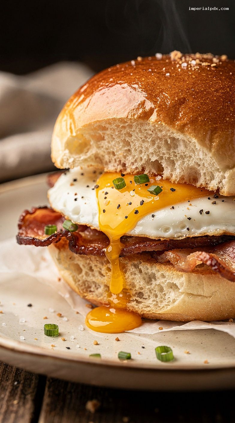 Crispy Bacon, Egg, and Cheese Breakfast Sandwich – Closeup