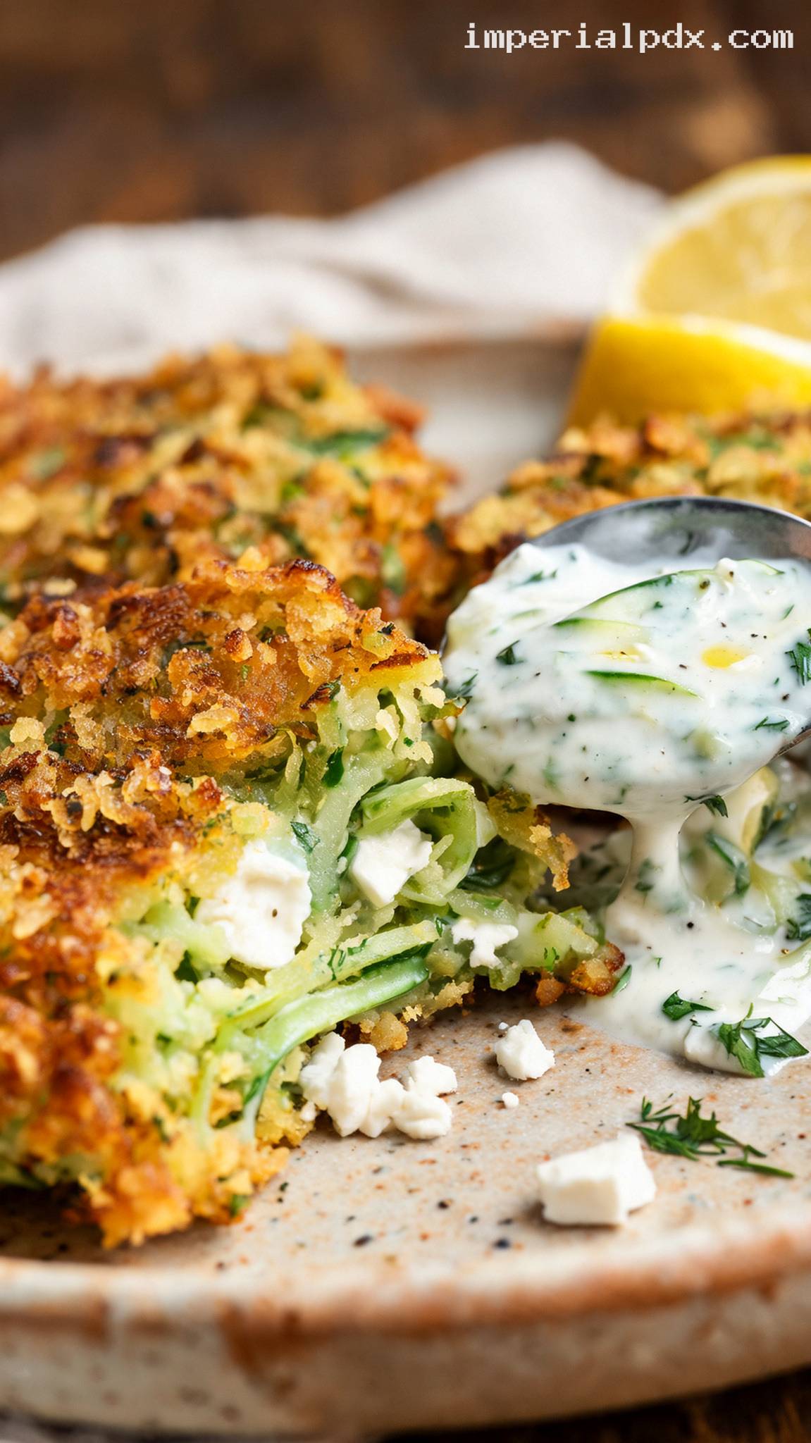 Crispy Baked Zucchini Fritters with Tzatziki – Closeup