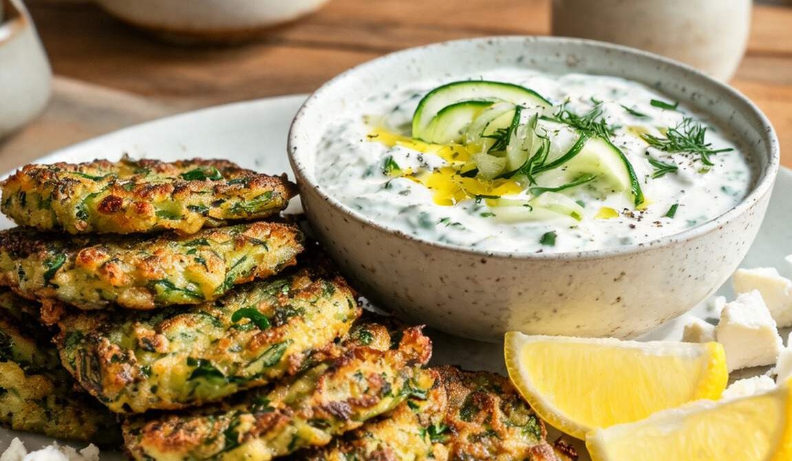 Crispy Baked Zucchini Fritters with Tzatziki