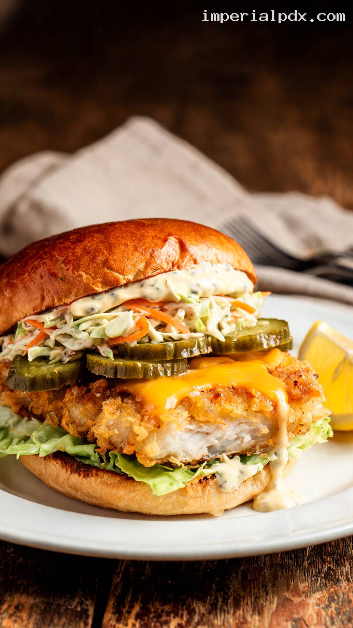 Crispy Beer-Battered Fish Burger With Lemon Slaw – Closeup