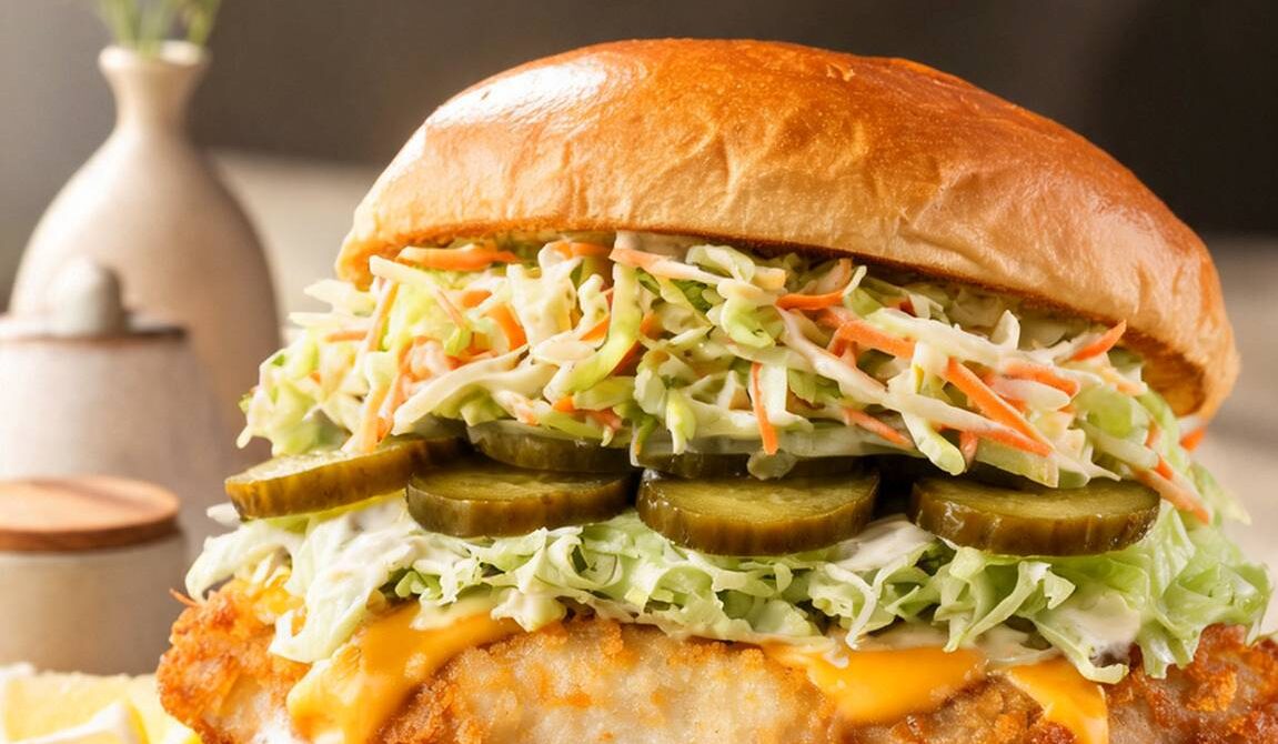 Crispy Beer-Battered Fish Burger With Lemon Slaw