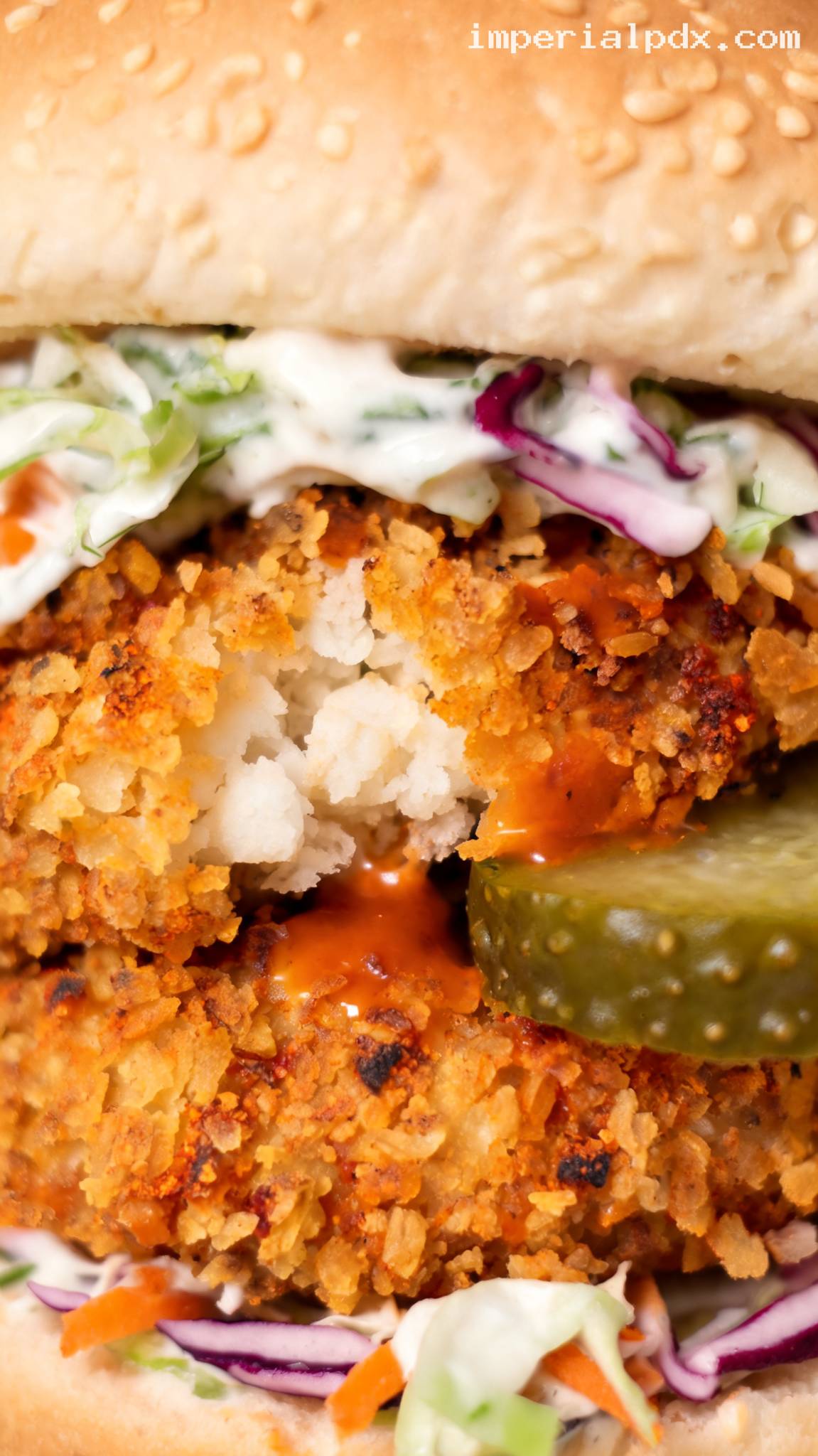 Crispy Cauliflower Burger With Smoky Paprika Sauce – Closeup