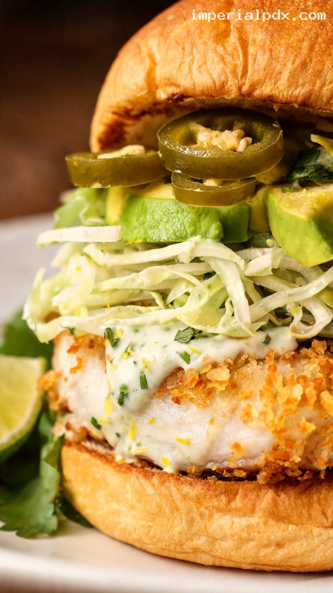 Crispy Chili Lime Fish Burger with Lime Crema – Closeup