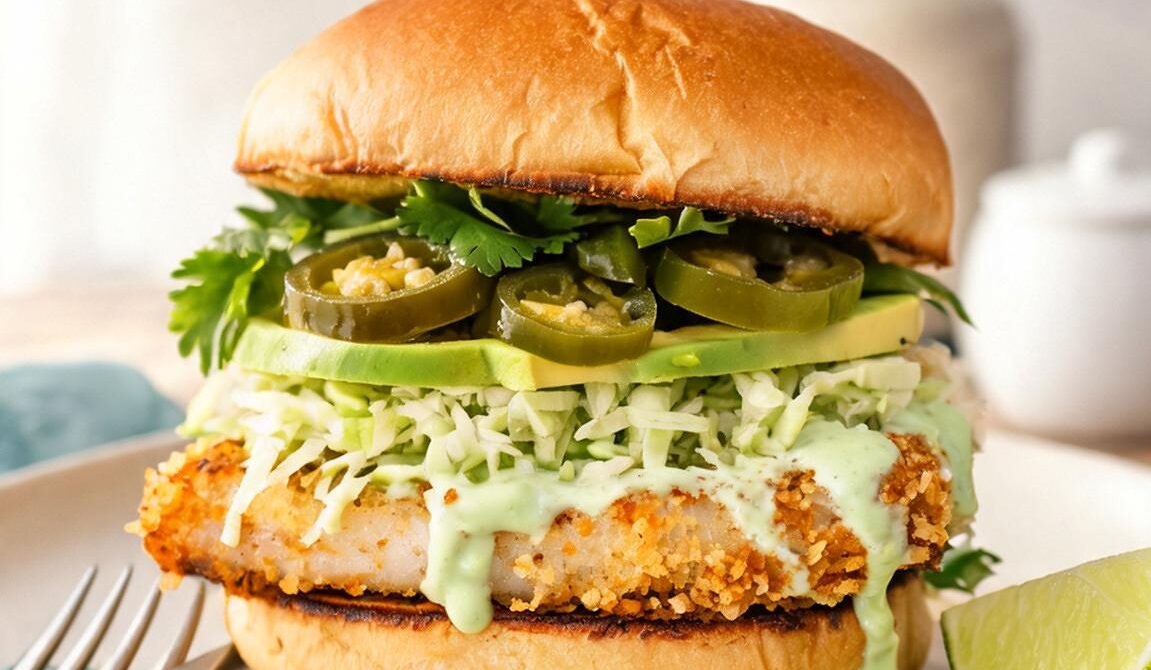 Crispy Chili Lime Fish Burger with Lime Crema
