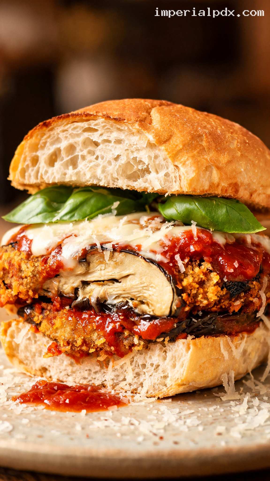 Crispy Eggplant Parmesan Burger With Marinara – Closeup