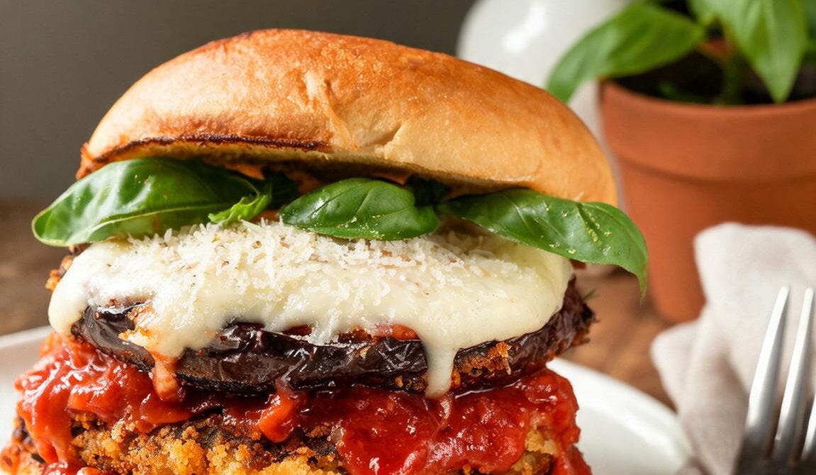 Crispy Eggplant Parmesan Burger With Marinara