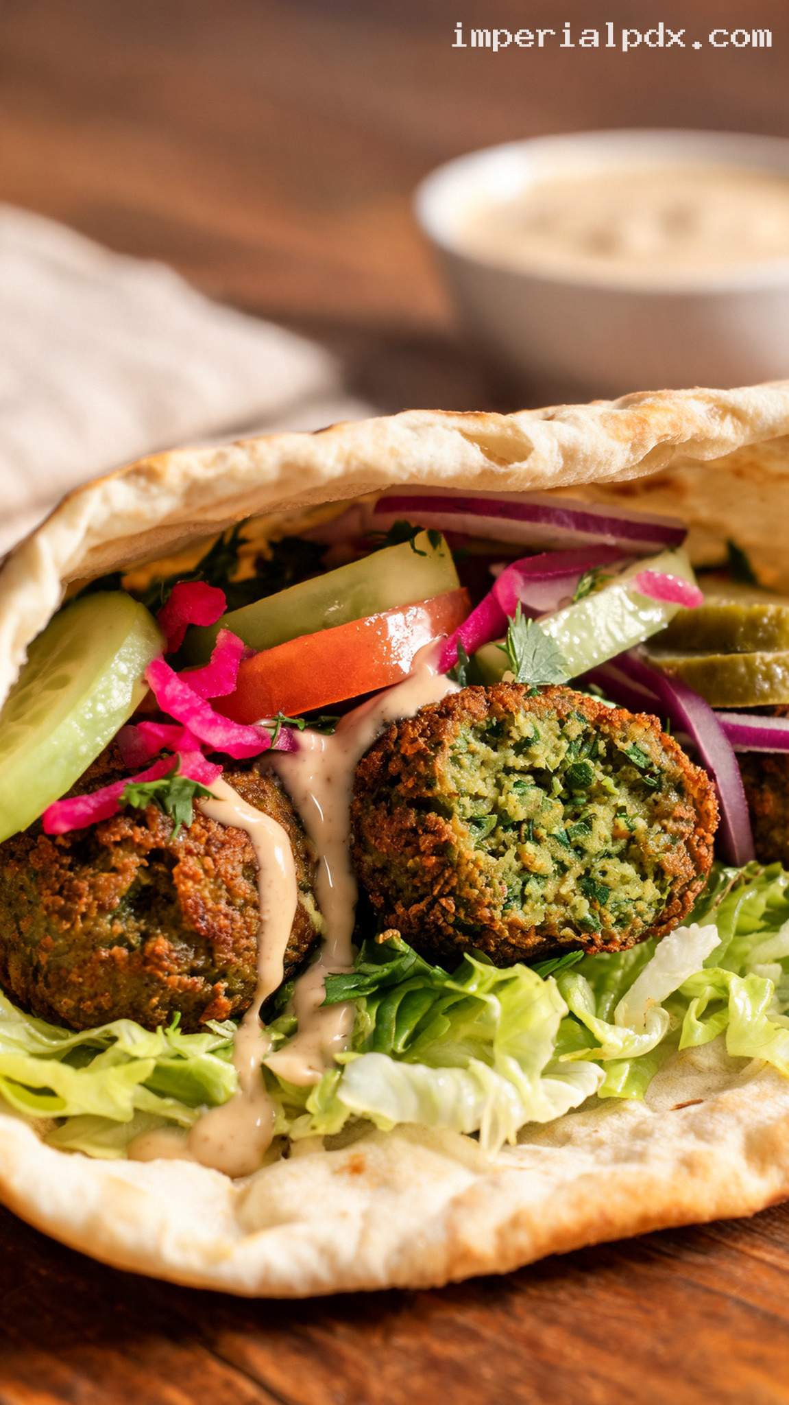 Crispy Falafel Pita With Tahini and Pickles – Closeup